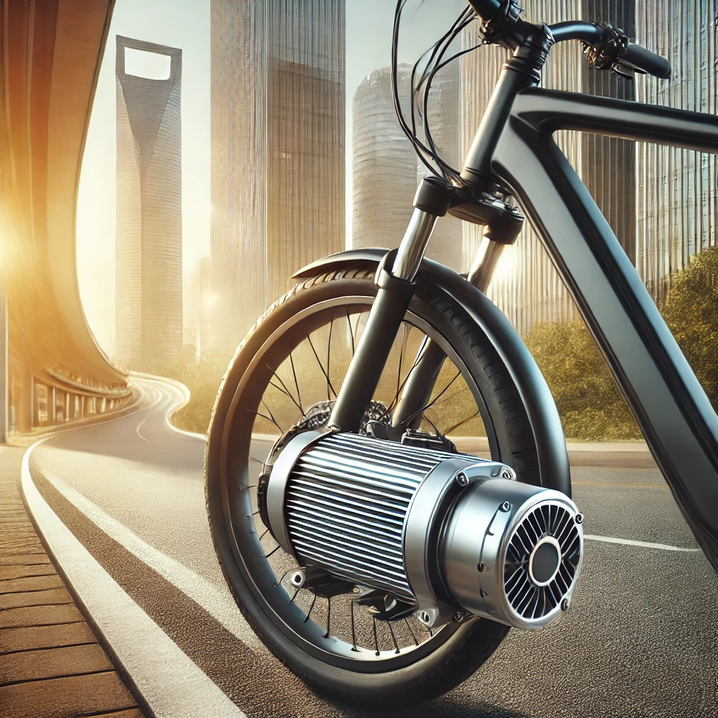 High-quality electric bike featuring a detailed view of its motor on a scenic road with a cityscape in the background. e bike electric motor