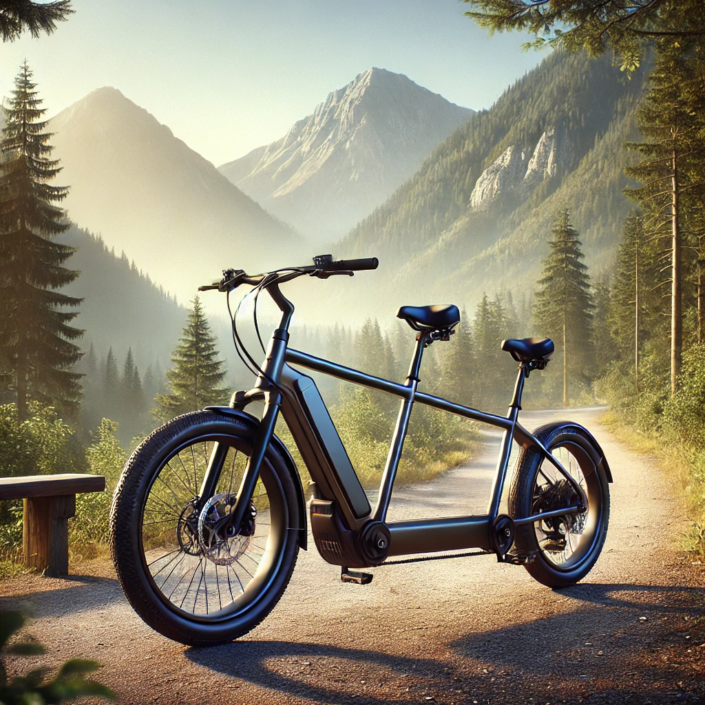 High-resolution image of a modern electric tandem bike designed for two riders, featuring a sleek frame, powerful motor, and comfortable seats on a scenic outdoor trail. e bike tandem