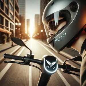 Street-legal Fly Wing FLY-7 electric scooter, featuring bright headlights and a sleek design for city riding.