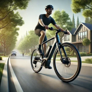2025 Giant FastRoad E+ Pro electric hybrid bike cruising through a suburban neighborhood