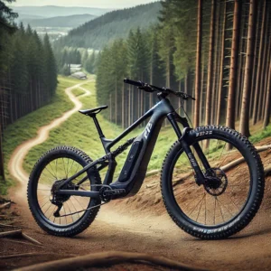 2025 Giant Reign E+ 3 electric mountain bike on a thrilling downhill forest trail.