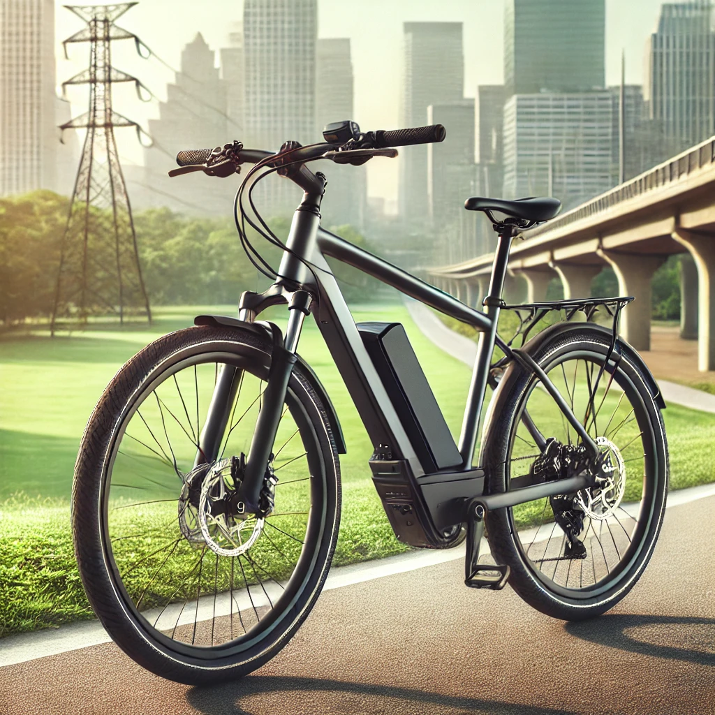 A sleek hybrid e-bike parked on an urban cycling trail, featuring an integrated battery and ergonomic design for eco-friendly commuting
