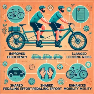 An infographic showing the benefits of using a tandem e-bike, including improved efficiency, longer rides, shared pedaling effort, and enhanced mobility for couples or friends.