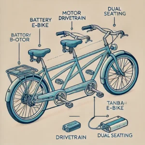 A detailed diagram of a tandem e-bike, labeling key components such as the battery, motor, drivetrain, and dual seating arrangement.