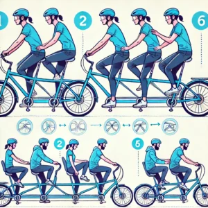 An illustration showing different riding positions and techniques for efficiently riding a tandem e-bike with a partner.