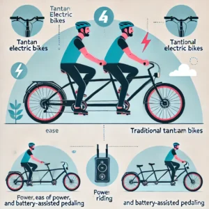 An infographic comparing tandem electric bikes to traditional tandem bikes, highlighting key differences in power, ease of riding, and battery-assisted pedaling.