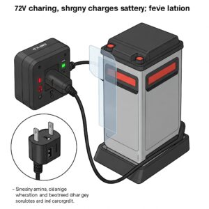 "Illustration showing the charging process of a 72V e-bike battery using a compatible charger." 72v battery for ebike