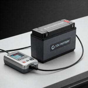 Illustration of a 72v ebike battery being charged with a compatible charger.
