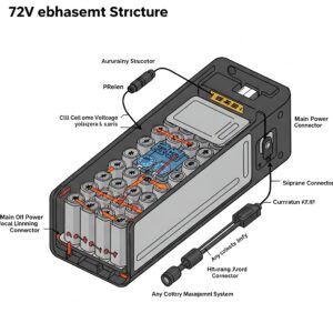 Diagram illustrating the internal components of a 72v ebike battery, including cells, BMS, and connectors