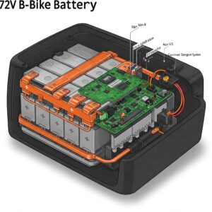 "Illustration of the internal components of a 72V e-bike battery pack, including cells, battery management system (BMS), and connections."