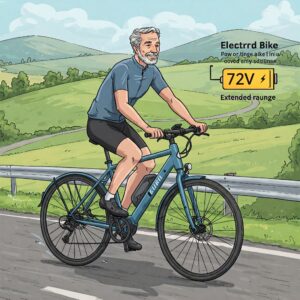 "Illustration of a rider enjoying a long-distance ride on an electric bike equipped with a 72V battery, highlighting its extended range capabilities." 72v battery for ebike