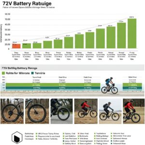 Chart comparing the range of different 72v ebike batteries based on various factors like terrain and riding style