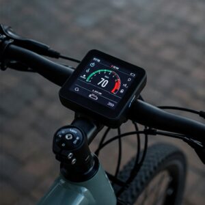 Modern digital display on a 750 watt electric bike showing speed, battery life, and assist levels.