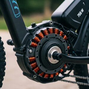 Detailed view of the high-performance 750 watt electric bike motor.