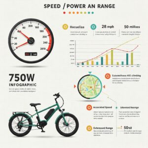 Infographic highlighting the speed, power, and range benefits of a 750w ebike.