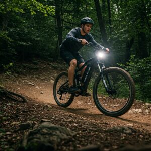  "A person confidently riding a 750W e-bike on a challenging off-road trail." 750 watt ebike