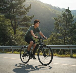 "A person effortlessly riding a 750W e-bike uphill, demonstrating its impressive power and torque." 750 watt ebike