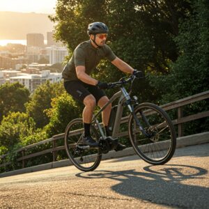 750w ebike effortlessly assisting a rider going uphill.