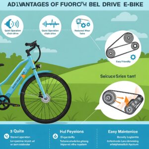 A graphic illustrating the advantages of belt drive e-bikes, including quiet operation, low maintenance, and reduced wear and tear. belt drive ebike