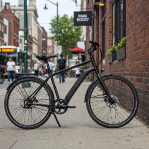 A belt drive e-bike parked in a city setting, showcasing its suitability for urban commuting. belt drive ebike 