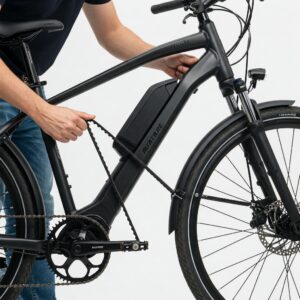 A person easily changing the belt on a belt drive e-bike, highlighting the low-maintenance aspect. belt drive ebike