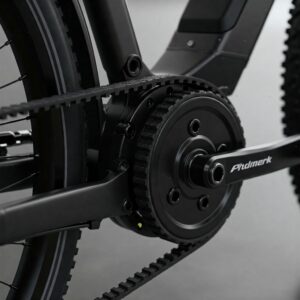 Close-up of a belt drive system on an e-bike, showing its clean, low-maintenance design. belt drive ebike