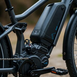 Detailed view of the powerful electric motor and long-lasting battery of a Big Sur ebike.