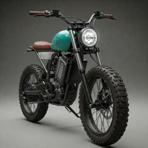 Detailed front view illustration of a cafe racer ebike, highlighting its handlebars, headlight, and vintage-inspired aesthetics.
