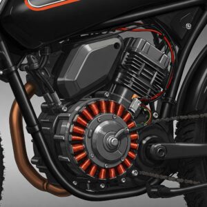 Close-up illustration of the electric motor on a cafe racer ebike, illustrating its power source and design integration.