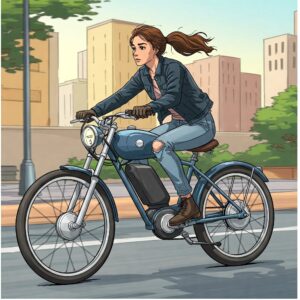 Illustration of a rider on a cafe racer ebike, conveying the experience of electric-powered urban riding. 