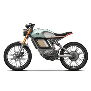 Side profile illustration of a cafe racer electric bike, emphasizing its low-slung frame and sporty silhouette.