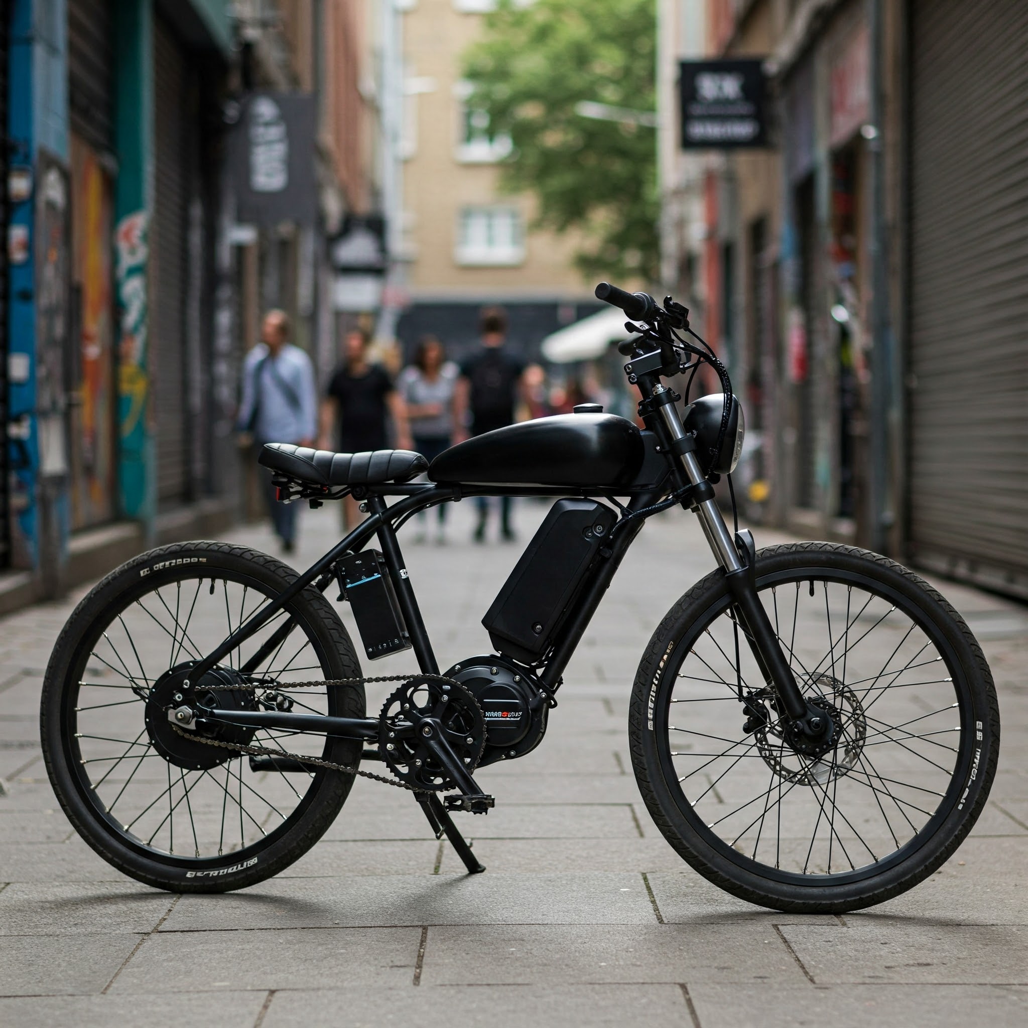 Sleek cafe racer ebike parked in an urban setting, showcasing its stylish design and electric power.