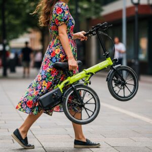 Illustration of a person carrying a folded mini ebike, emphasizing its lightweight design.