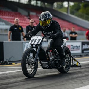 Rider in a helmet on a dragster ebike preparing for a race.