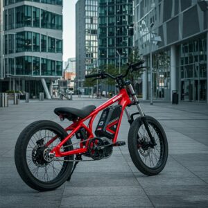 Dragster ebike parked in a modern urban environment.