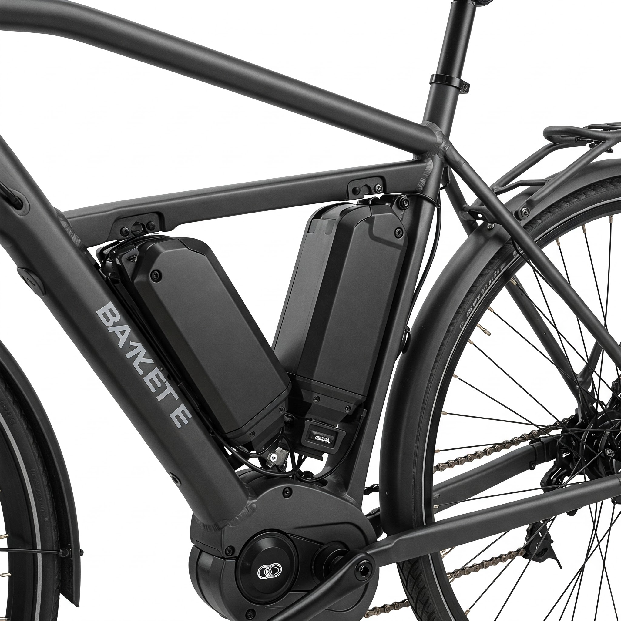 Close-up view of a dual battery ebike showcasing both batteries integrated into the frame for extended riding range.
