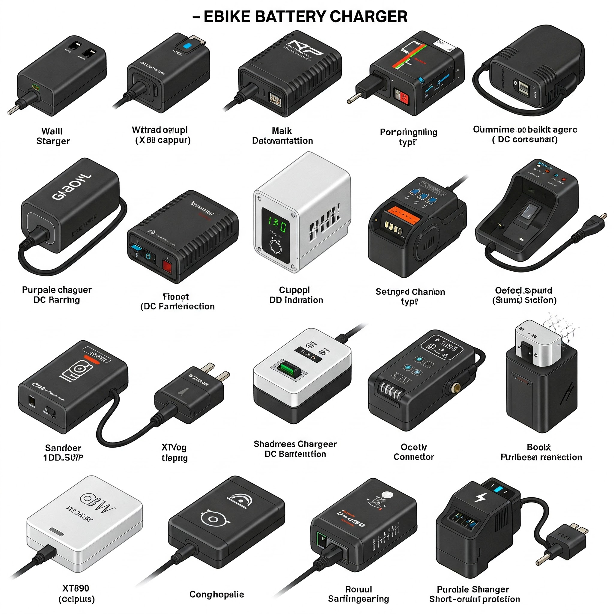 A comprehensive overview of various ebike battery chargers, highlighting different types and features.