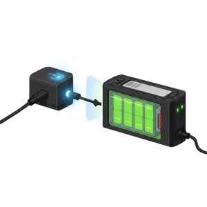 Animated illustration demonstrating the process of an ebike battery being charged by its ebike battery chargers.
