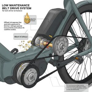 Diagram illustrating the low maintenance aspects of an electric bike belt drive.