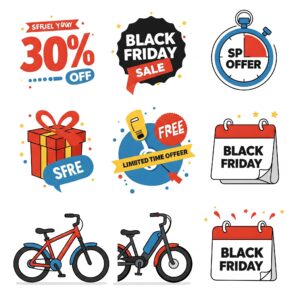  Icons highlighting the benefits of purchasing an ebike during the Black Friday sale, such as discounts and free items. ebike black friday