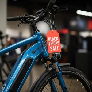 A detailed view of a Black Friday sale tag attached to an electric bike. ebike black friday