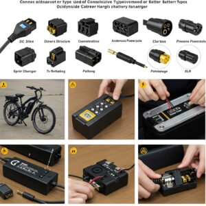 Visual comparison of various connector types used in ebike battery chargers, ensuring compatibility.