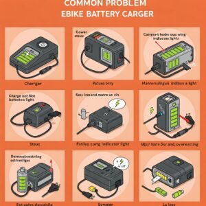 Illustration depicting common issues with ebike battery chargers and potential troubleshooting steps.