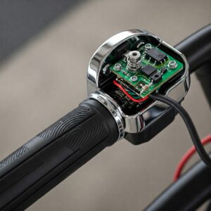 Detailed view of an ebike thumb throttle, a common type of electric bicycle speed control mechanism. ebike throttle