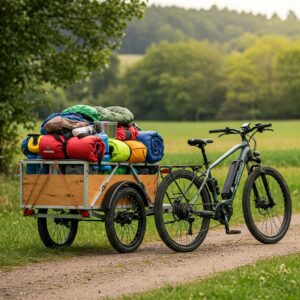 "An ebike trailer packed with camping gear, ready for a weekend getaway."
