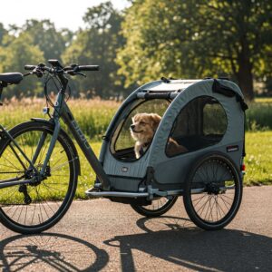  "An ebike trailer with a secure pet carrier, ensuring safe transportation for furry friends."