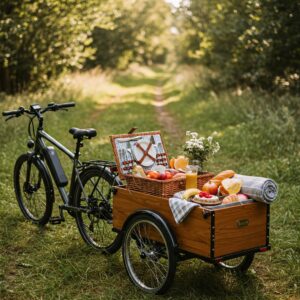 "An ebike trailer loaded with a picnic basket, ready for a fun outdoor adventure."