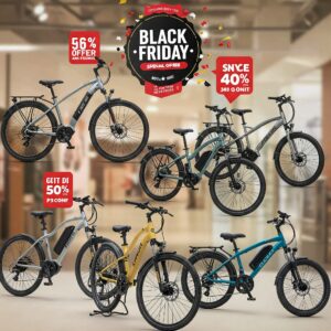 Multiple electric bikes showcasing Black Friday discounts and special offers. ebike black friday