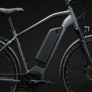 Seamlessly integrated battery on a 750 watt electric bike, highlighting its design and power source.