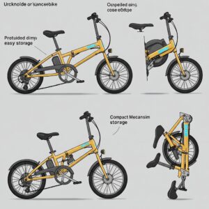 Diagram illustrating the folding mechanism of a portable mini ebike for easy storage.